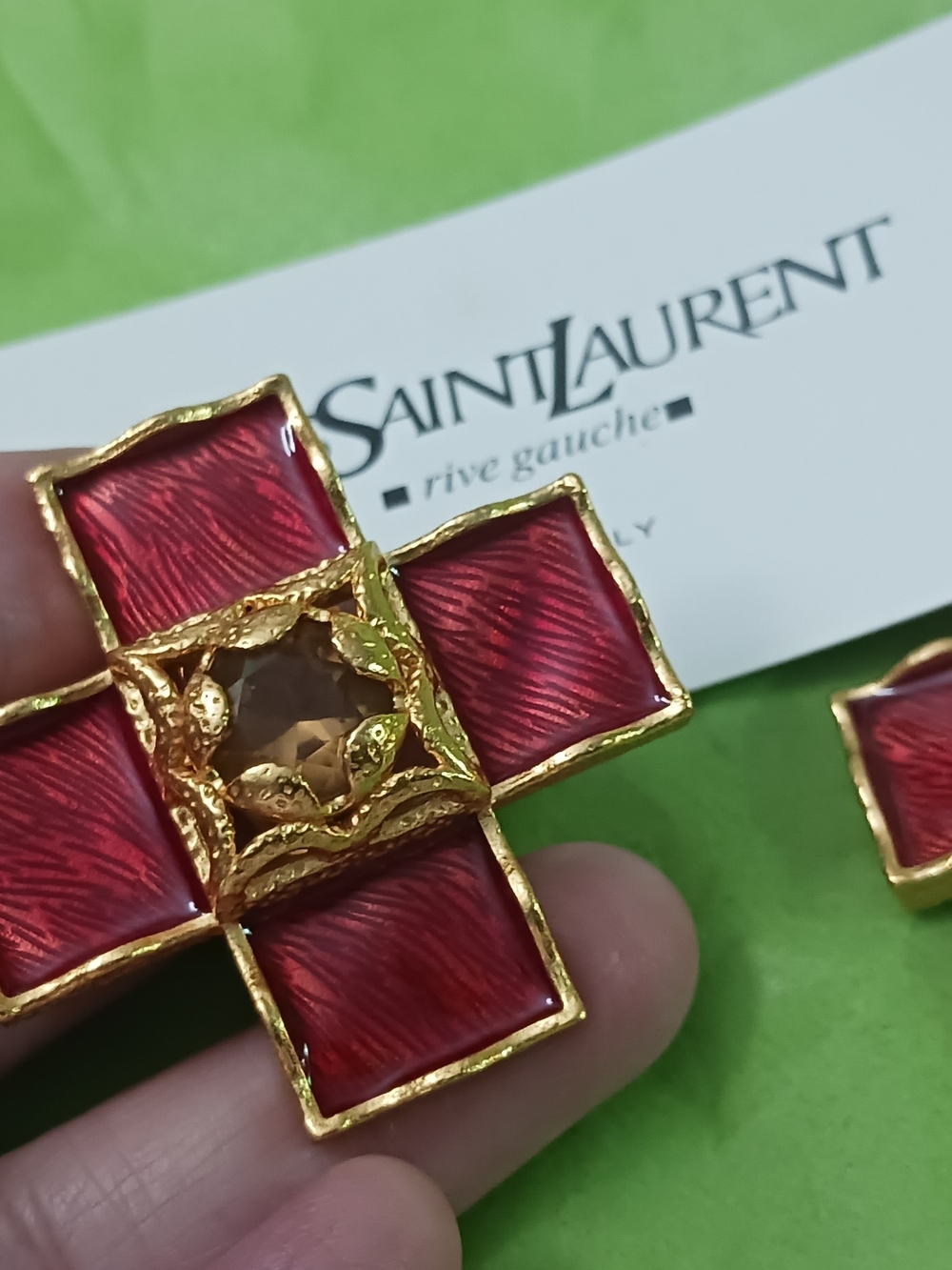 Red and Gold Statement Cross Earrings by Saint Laurent Clip Ons Made In FRANCE - Picture 9 of 13